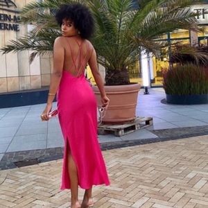 Zara Strappy Back Criss Cross Satin Cowl Neck Maxi Dress